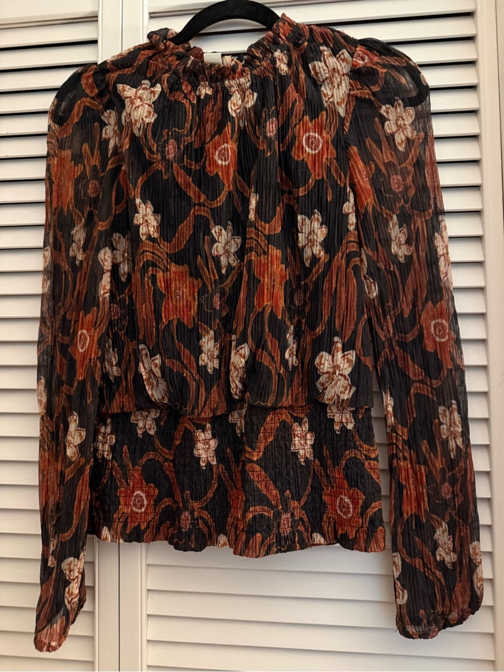 Joie Black Floral Long-Sleeve Pleated Blouse with Rust and Cream Accents